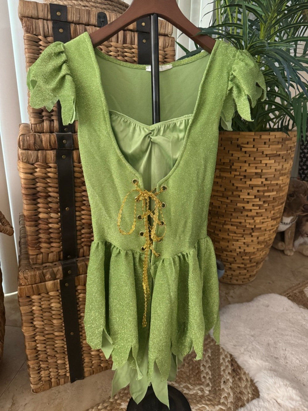 Green Sparkle Tinkerbell Fairy Costume Dress with Gold Lace-Up